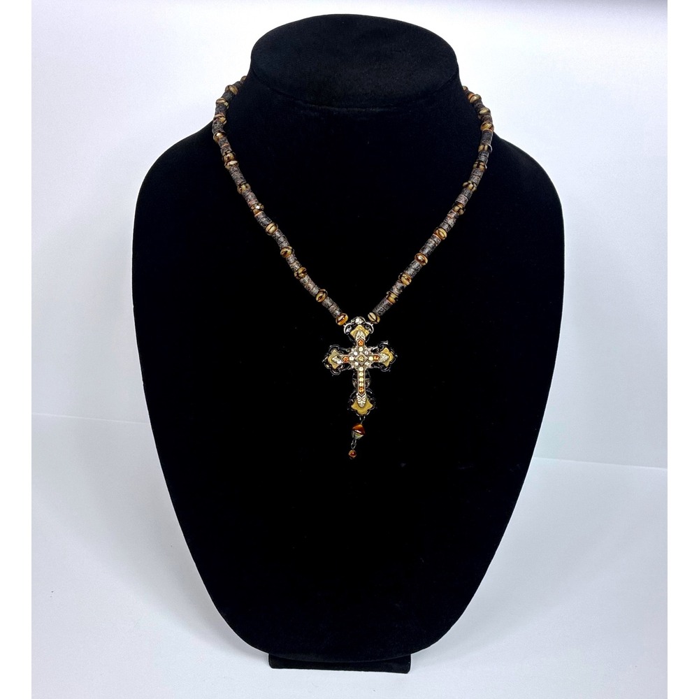 Vintage F.A.I.T.H. Signed Gothic Beaded Cross Necklace Rhinestone Pendant Alt